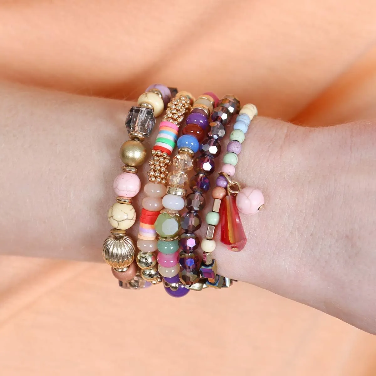 RIAH FASHION Bohemian Mix Bead Multi Layer Versatile Statement Bracelets - Stackable Beaded Strand Stretch Bangles Sparkly Crystal, Tassel Charm