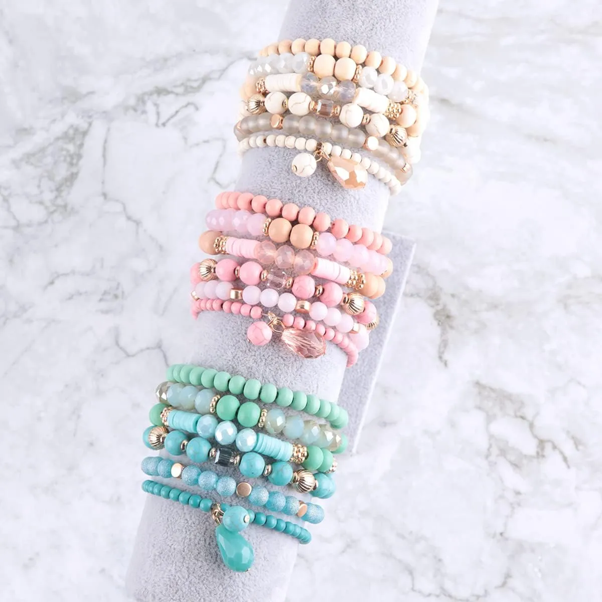 RIAH FASHION Bohemian Mix Bead Multi Layer Versatile Statement Bracelets - Stackable Beaded Strand Stretch Bangles Sparkly Crystal, Tassel Charm