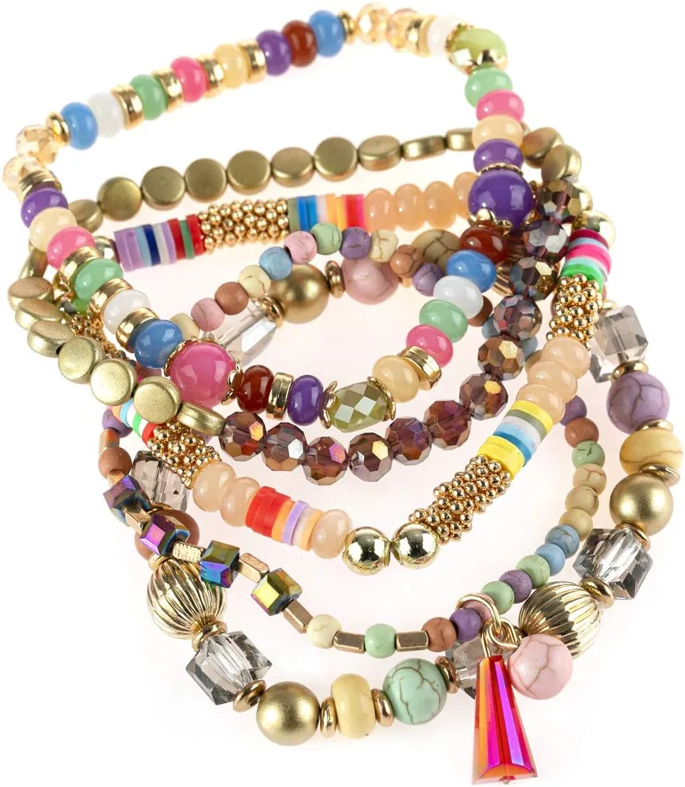 RIAH FASHION Bohemian Mix Bead Multi Layer Versatile Statement Bracelets - Stackable Beaded Strand Stretch Bangles Sparkly Crystal, Tassel Charm