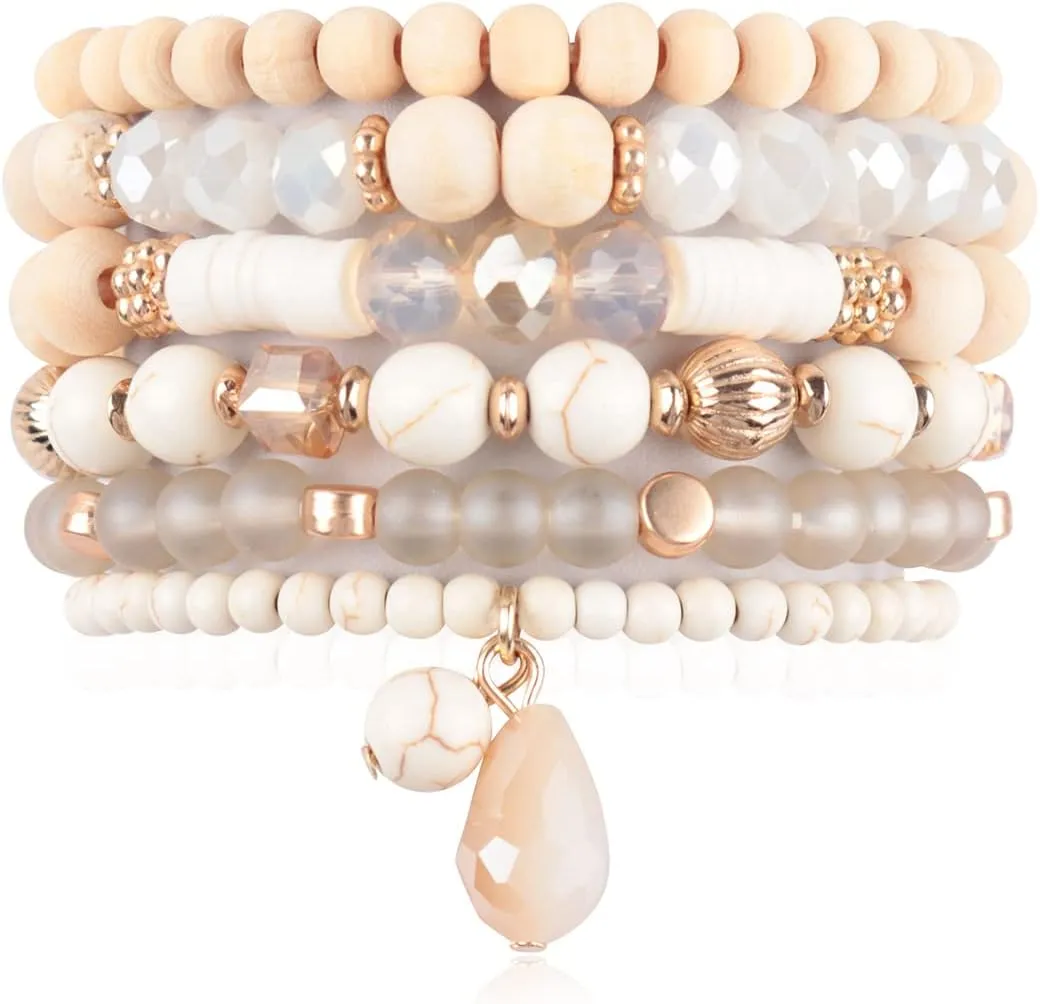 RIAH FASHION Bohemian Mix Bead Multi Layer Versatile Statement Bracelets - Stackable Beaded Strand Stretch Bangles Sparkly Crystal, Tassel Charm