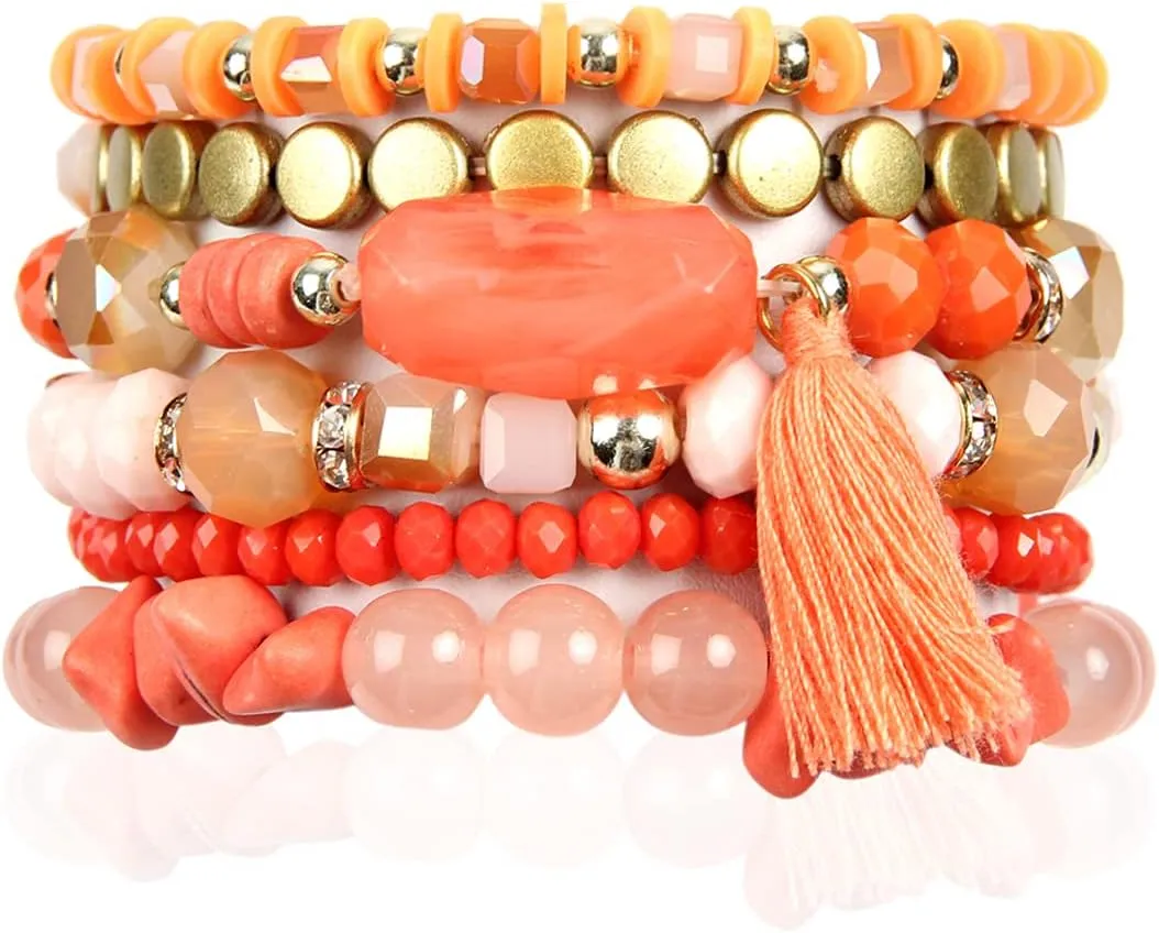 RIAH FASHION Coin Bead Multi Layer Versatile Statement Bracelets - Stackable Beaded Strand Stretch Bangles Sparkly Crystal, Tassel Charm