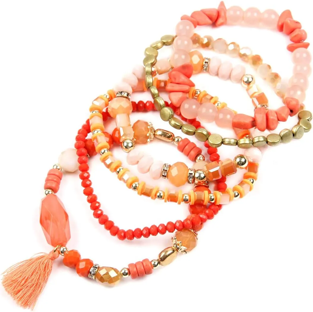 RIAH FASHION Coin Bead Multi Layer Versatile Statement Bracelets - Stackable Beaded Strand Stretch Bangles Sparkly Crystal, Tassel Charm