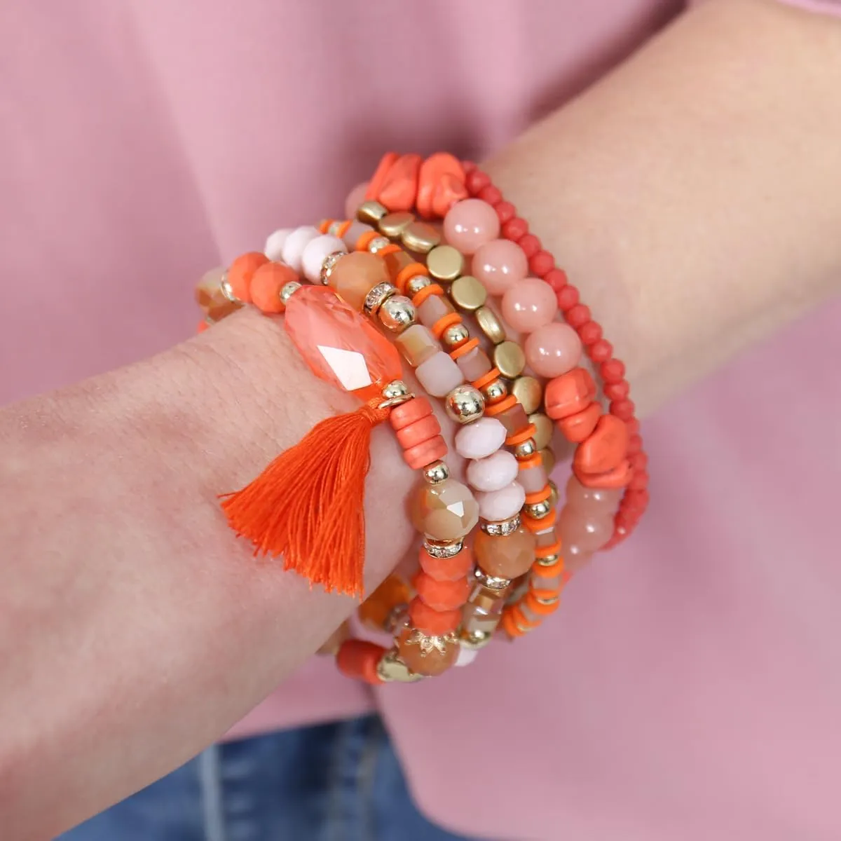 RIAH FASHION Coin Bead Multi Layer Versatile Statement Bracelets - Stackable Beaded Strand Stretch Bangles Sparkly Crystal, Tassel Charm