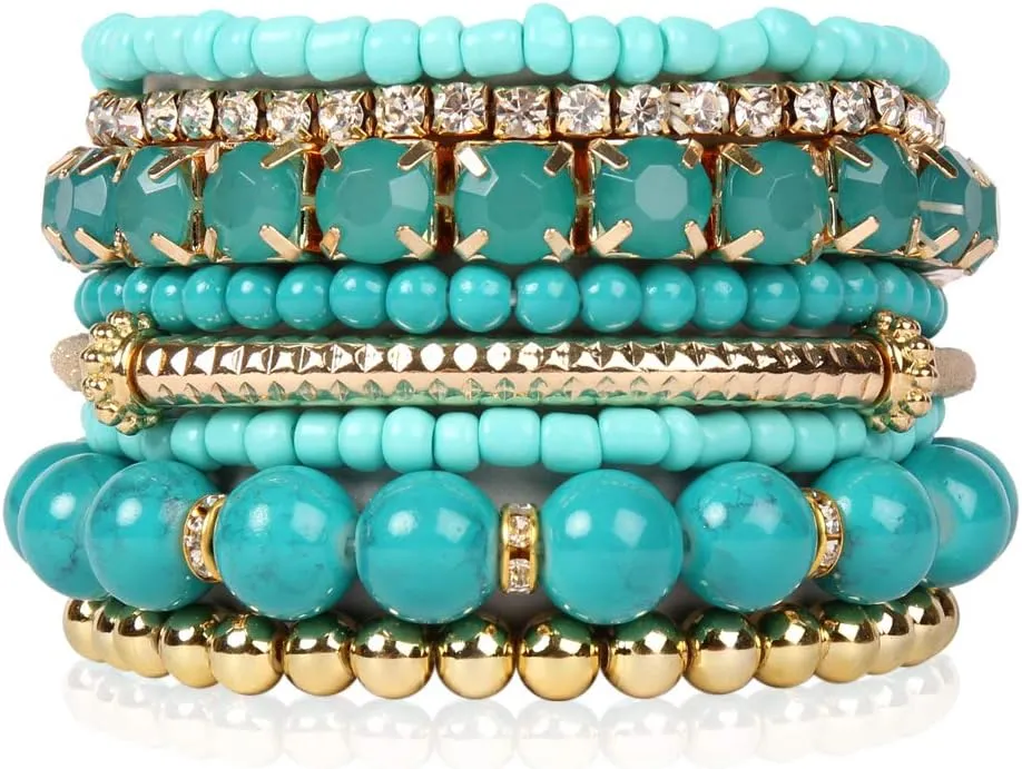 RIAH FASHION Multi Color Stretch Beaded Stackable Bracelets - Layering Bead Strand Statement Wrap Bangles