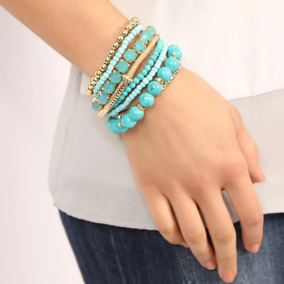 RIAH FASHION Multi Color Stretch Beaded Stackable Bracelets - Layering Bead Strand Statement Wrap Bangles