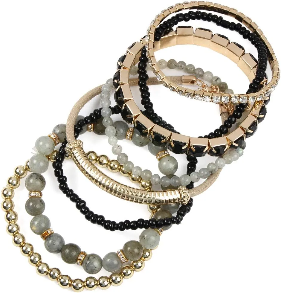 RIAH FASHION Multi Color Stretch Beaded Stackable Bracelets - Layering Bead Strand Statement Wrap Bangles