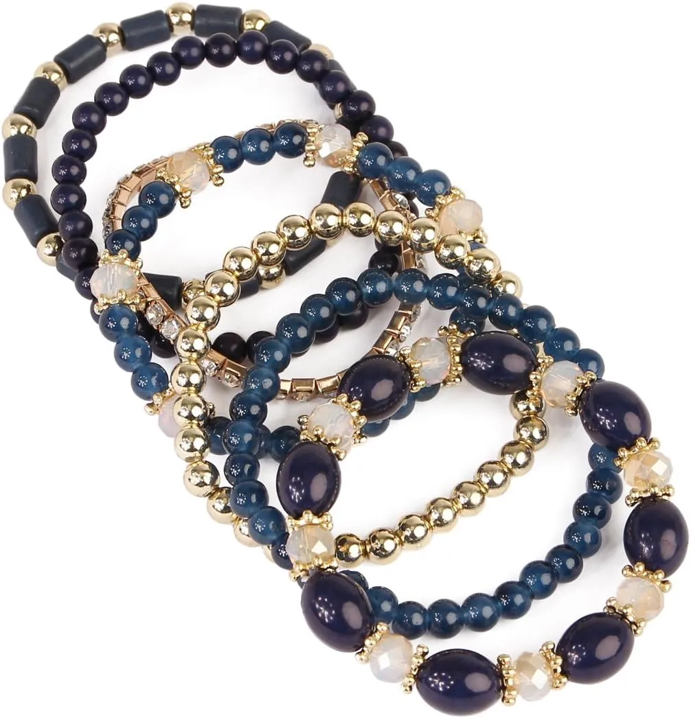 RIAH FASHION Multi Layer Bead Bracelet - Colorful Stacking Beaded Strand Stretch Cuff Statement Bangles Set
