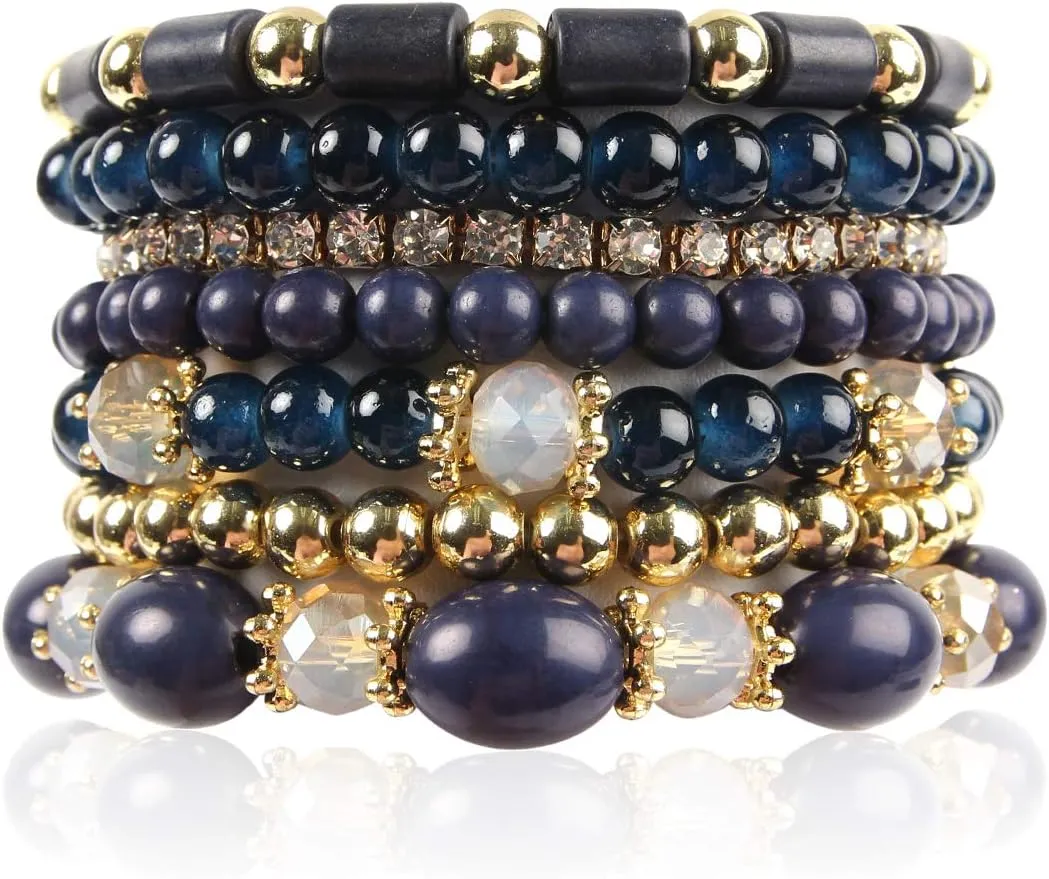 RIAH FASHION Multi Layer Bead Bracelet - Colorful Stacking Beaded Strand Stretch Cuff Statement Bangles Set