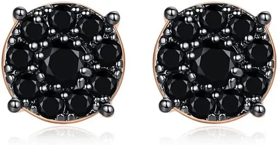 Rose Gold Plated Round Black Crystal Cluster Stud Earrings