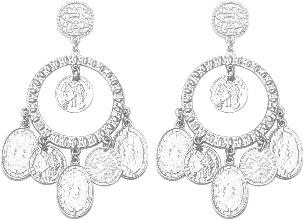 Rosemarie & Jubalee Women's Statement Bohemian Gypsy Queen Hammered Metal Hoop With Coin Disc Dangles Hypoallergenic Post Back Earrings, 3.25"