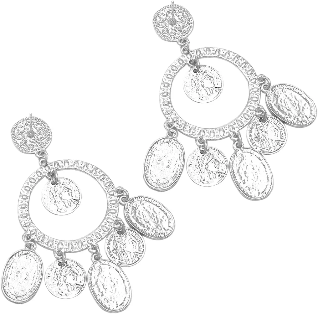 Rosemarie & Jubalee Women's Statement Bohemian Gypsy Queen Hammered Metal Hoop With Coin Disc Dangles Hypoallergenic Post Back Earrings, 3.25"