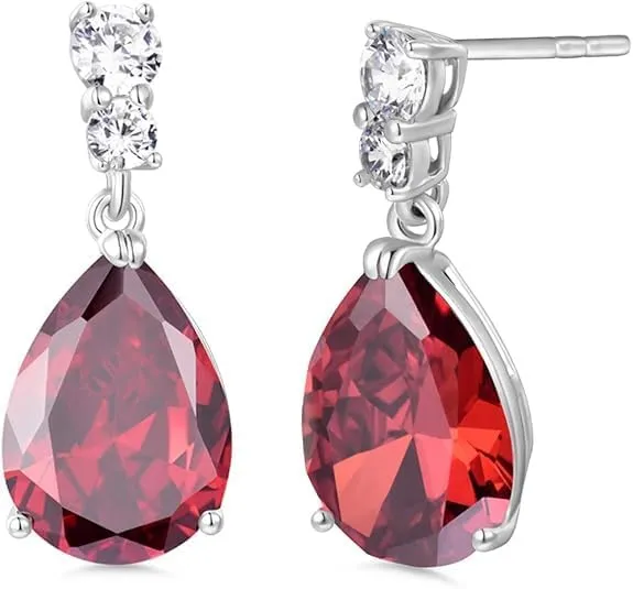 SARIKA_ENTERPRISE Red Gemstones Pear Drop Party Charming Dangle Earrings For Women Teardrop Red Garnet Dangle Earrings 14K White Gold Plated