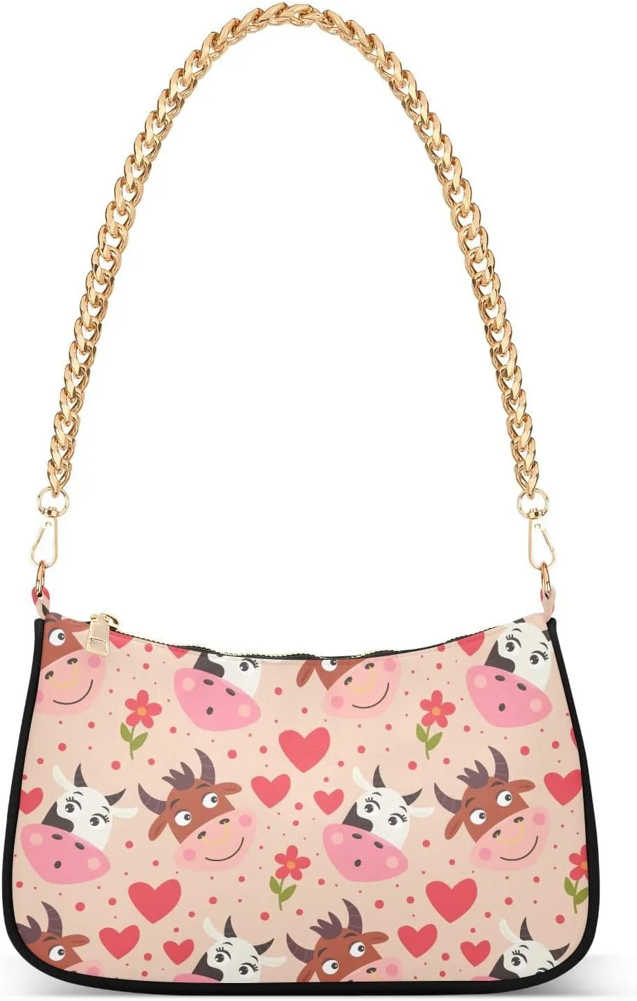 Shoulder Bag for Women Cute Cow Bull Flower Hearts Hobo Purses Handbags for Women with Chain Strap