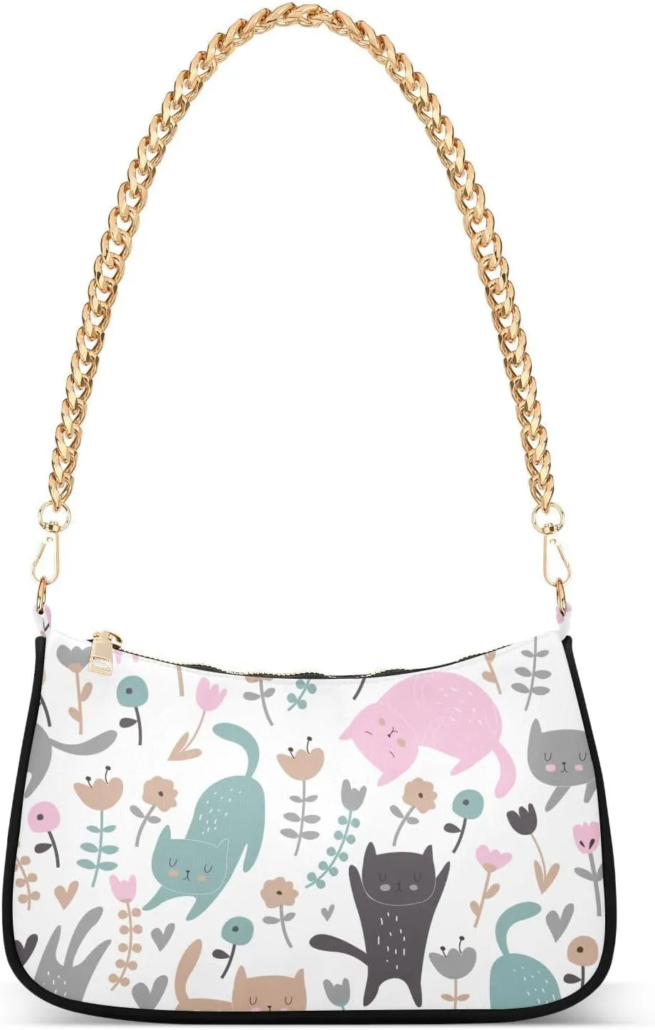 Shoulder Bag for Women Cute Funny Cats and Flowers Hobo Purses Handbags for Women with Chain Strap