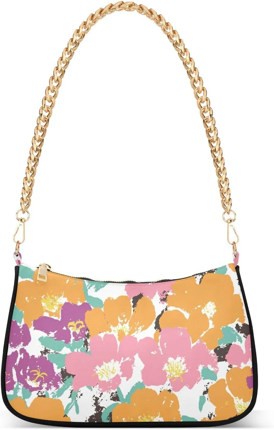 Shoulder Bag for Women Orange Pink Purple Flowers Hobo Purses Handbags for Women with Chain Strap