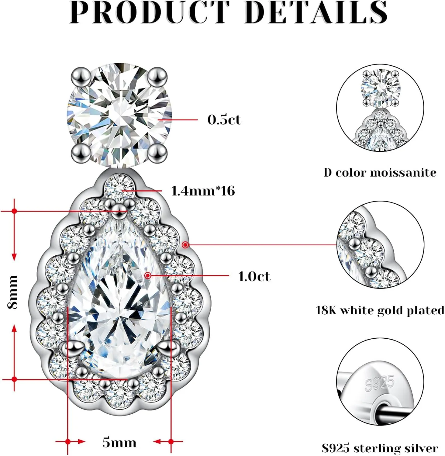 Silver Moissanite Stud Earrings for Men/Women 0.6-4CT Hypoallergenic Earrings 925 Sterling Silver Lab Created Diamond Round Stud Earrings