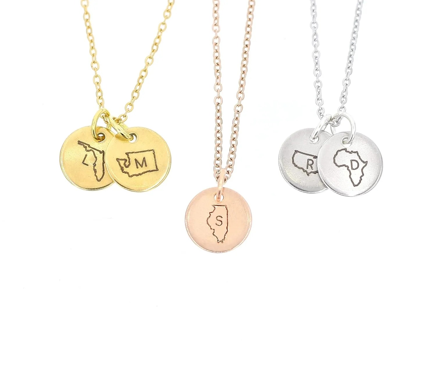 Silver Moving Gift Necklace - Personalize States, Initials - Engraved 12MM Discs - Best Friendship Graduation Gift - DGR-12MM