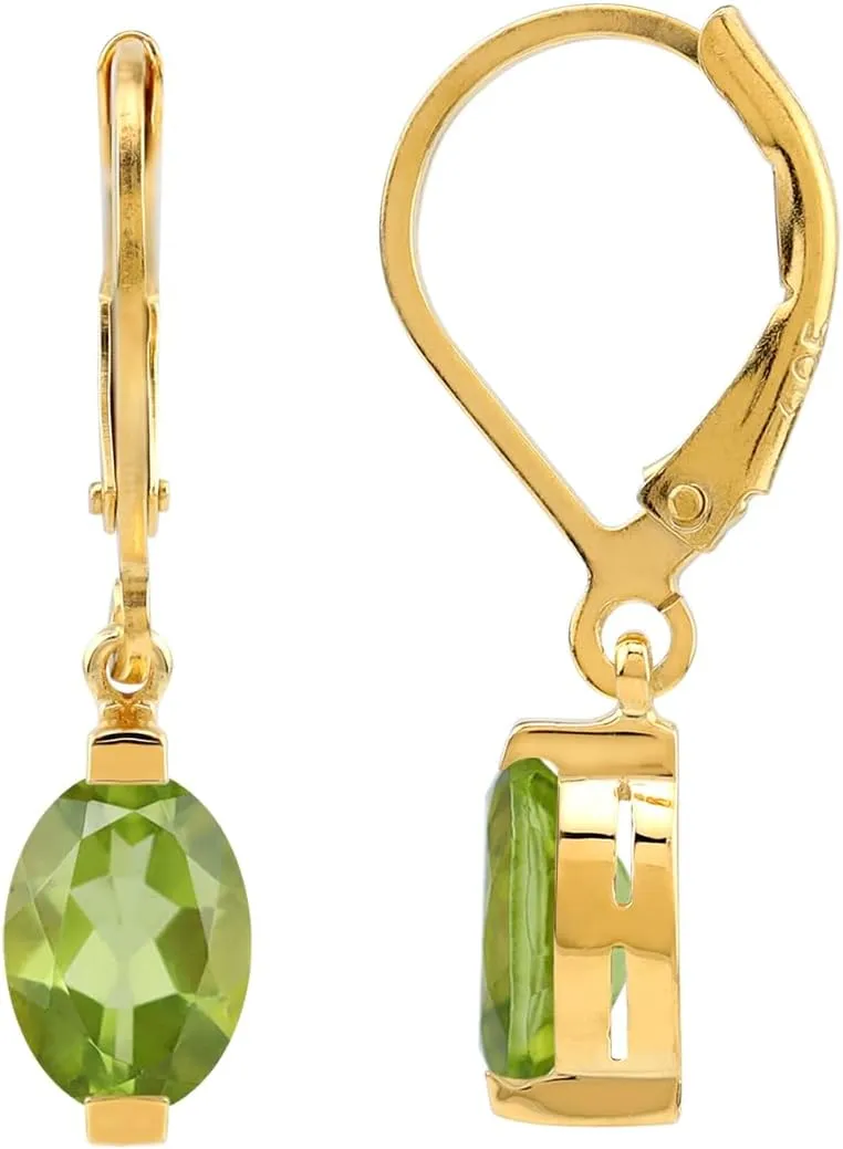 Silvershake 1.64 CTW 7X5mm Petite Oval Shape Natural Green Peridot 14K Yellow Gold Plated 925 Sterling Silver Leverback Dangle Earrings August Gemstone Birthstone
