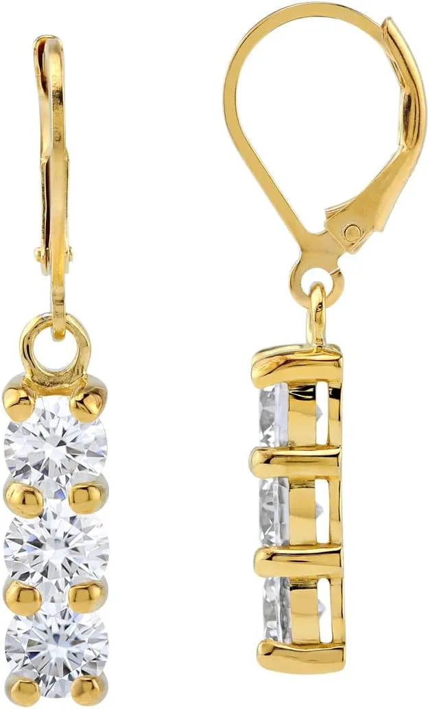 Silvershake 3-Stone Round Shape Birthstone Gemstone White Gold Plated or 18K Yellow Gold Plated 925 Sterling Silver Drop Dangle Leverback Earrings Jewelry for Women