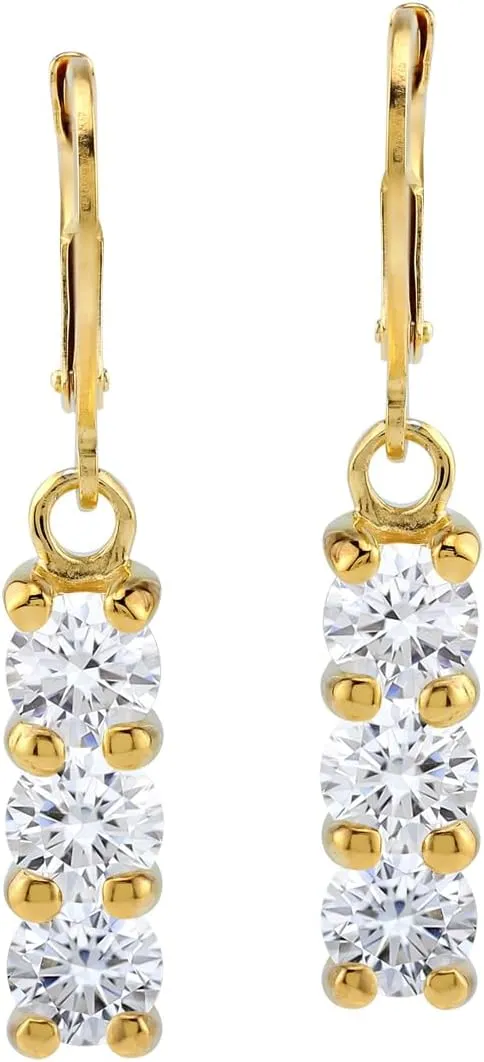 Silvershake 3-Stone Round Shape Birthstone Gemstone White Gold Plated or 18K Yellow Gold Plated 925 Sterling Silver Drop Dangle Leverback Earrings Jewelry for Women