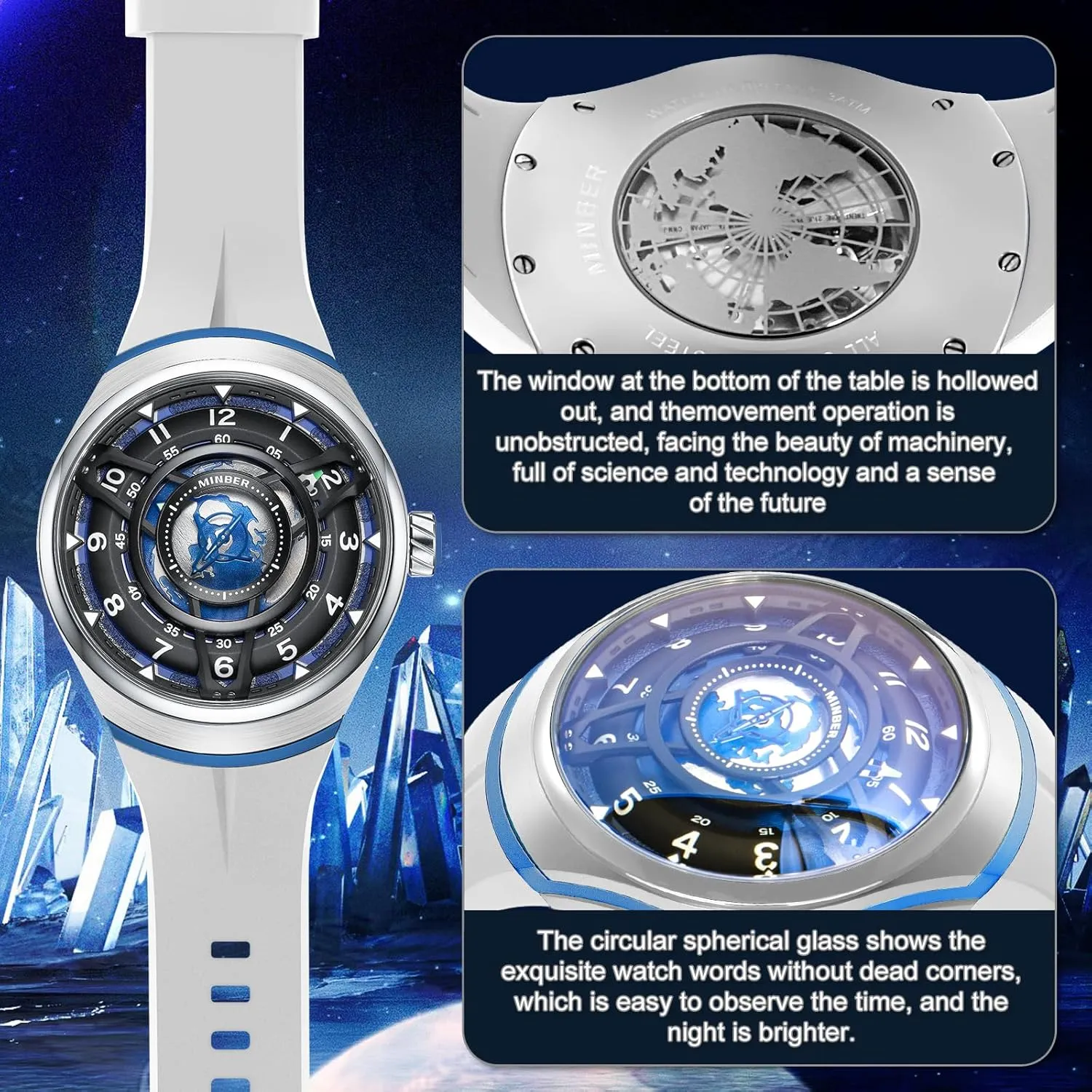 Skeleton Automatic Watch, 45mm Dial with Luminous Hands, Self Winding Watch, 3 ATM Waterproof, 316L Stainless Steel
