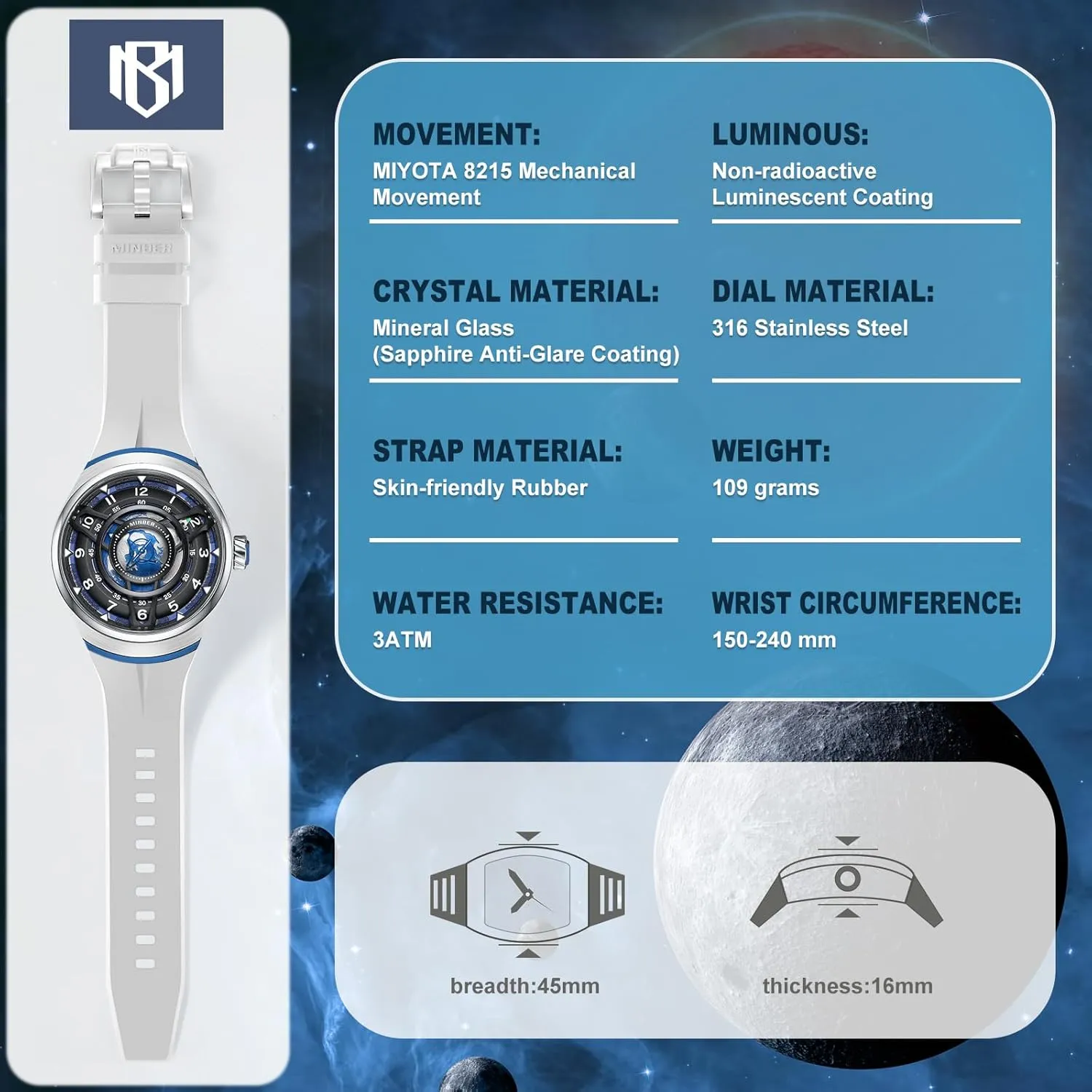 Skeleton Automatic Watch, 45mm Dial with Luminous Hands, Self Winding Watch, 3 ATM Waterproof, 316L Stainless Steel