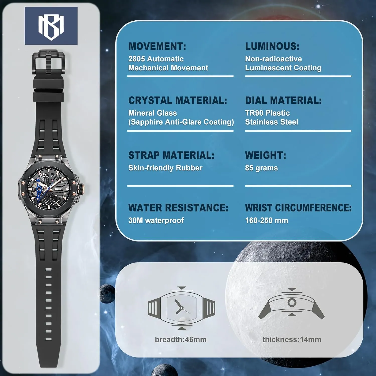 Skeleton Automatic Watch, 46mm Dial with Luminous Hands, Self Winding Watch, Stainless Steel&TR90 Plastic Dial, 3 ATM Waterproof, Men's Watch, with Rubber Strap