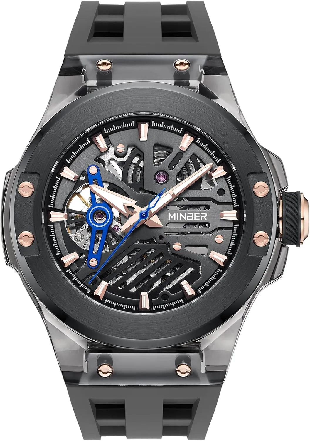 Skeleton Automatic Watch, 46mm Dial with Luminous Hands, Self Winding Watch, Stainless Steel&TR90 Plastic Dial, 3 ATM Waterproof, Men's Watch, with Rubber Strap