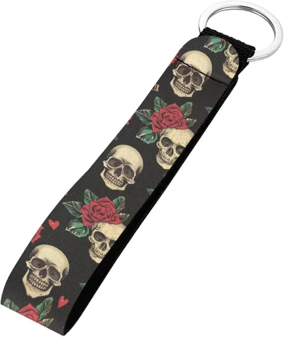 Skull Rose Printed Hand Wrist Lanyard Keychain, Neoprene Wristlet Key Chain Lanyard for Car Keys, Stretchy Hand Wrist Keychain Lanyard Car Keychain Wristlet Strap with Key Ring