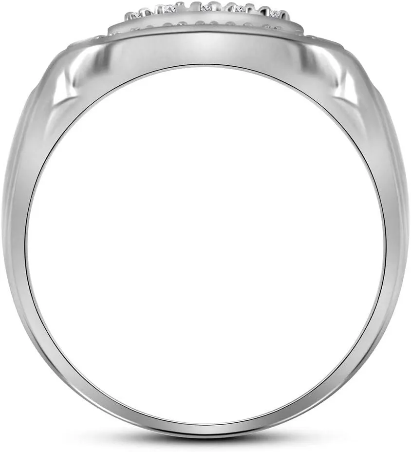 Solid 925 Sterling Silver Real Natural Diamond Mens Square Frame Cluster Anniversary Ring 1/10 Carat (.11 Cttw)