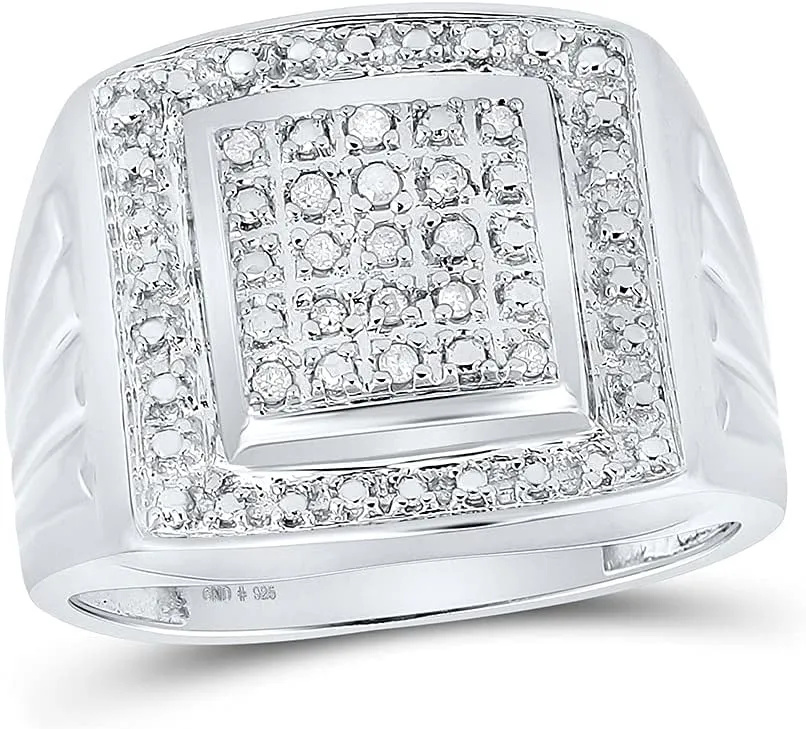 Solid 925 Sterling Silver Real Natural Diamond Mens Square Frame Cluster Anniversary Ring 1/10 Carat (.11 Cttw)