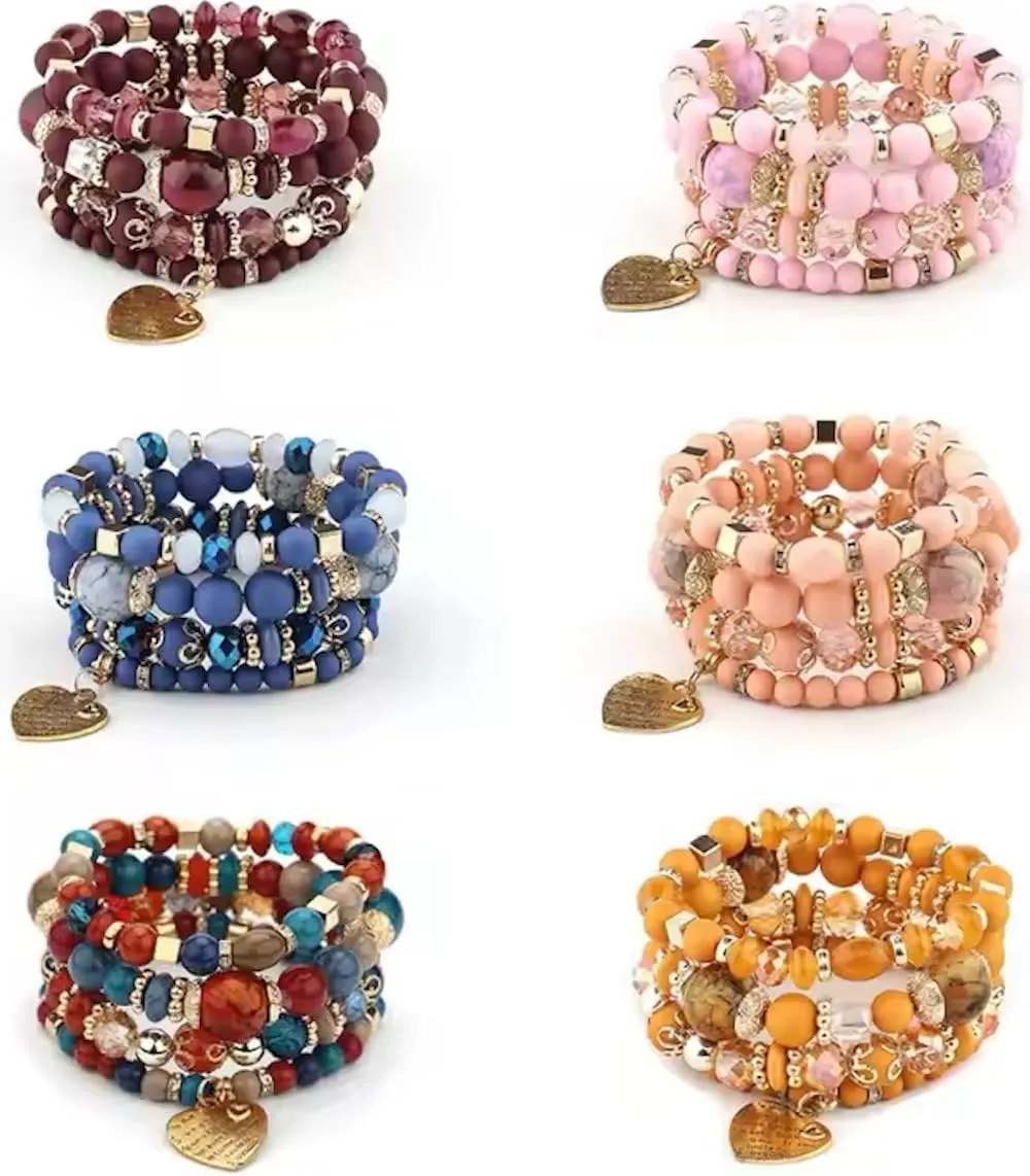 Stackable Beaded Bracelets for Women Retro Tassel Multi-Layer Mixed Color Beaded Bracelet Bangles Set Gemstone Woven Female Jewelry Bracelet (Set of 6)