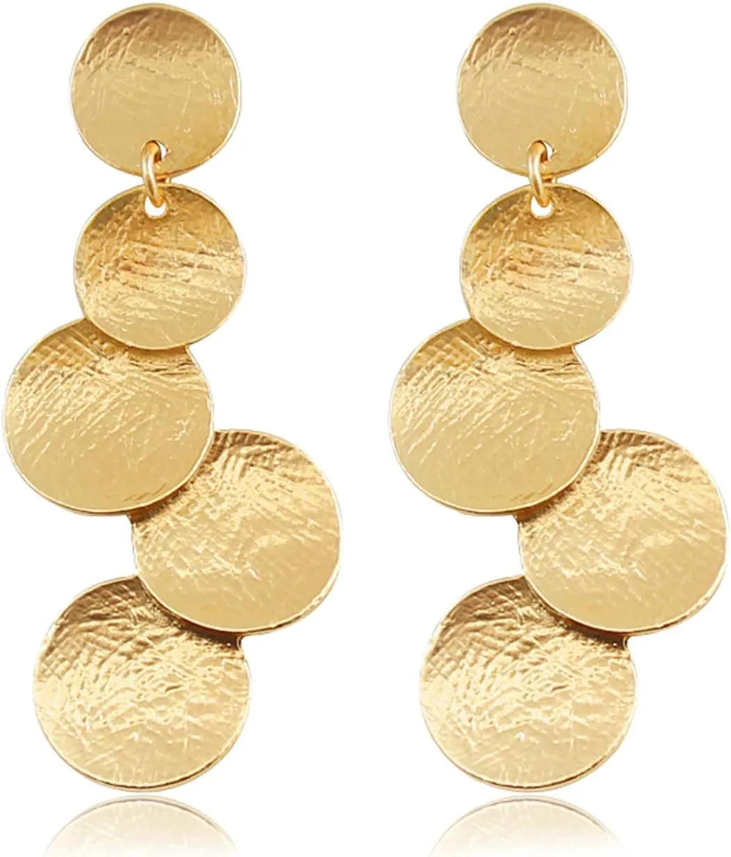 Statement Metal Disc Layered Earrings Vintage Bohemian Gold Silver Dangle Earrings for Women Geometric Round Disc Coin Dangling Earrings Fashion Hypoallergenic Jewelry Gift