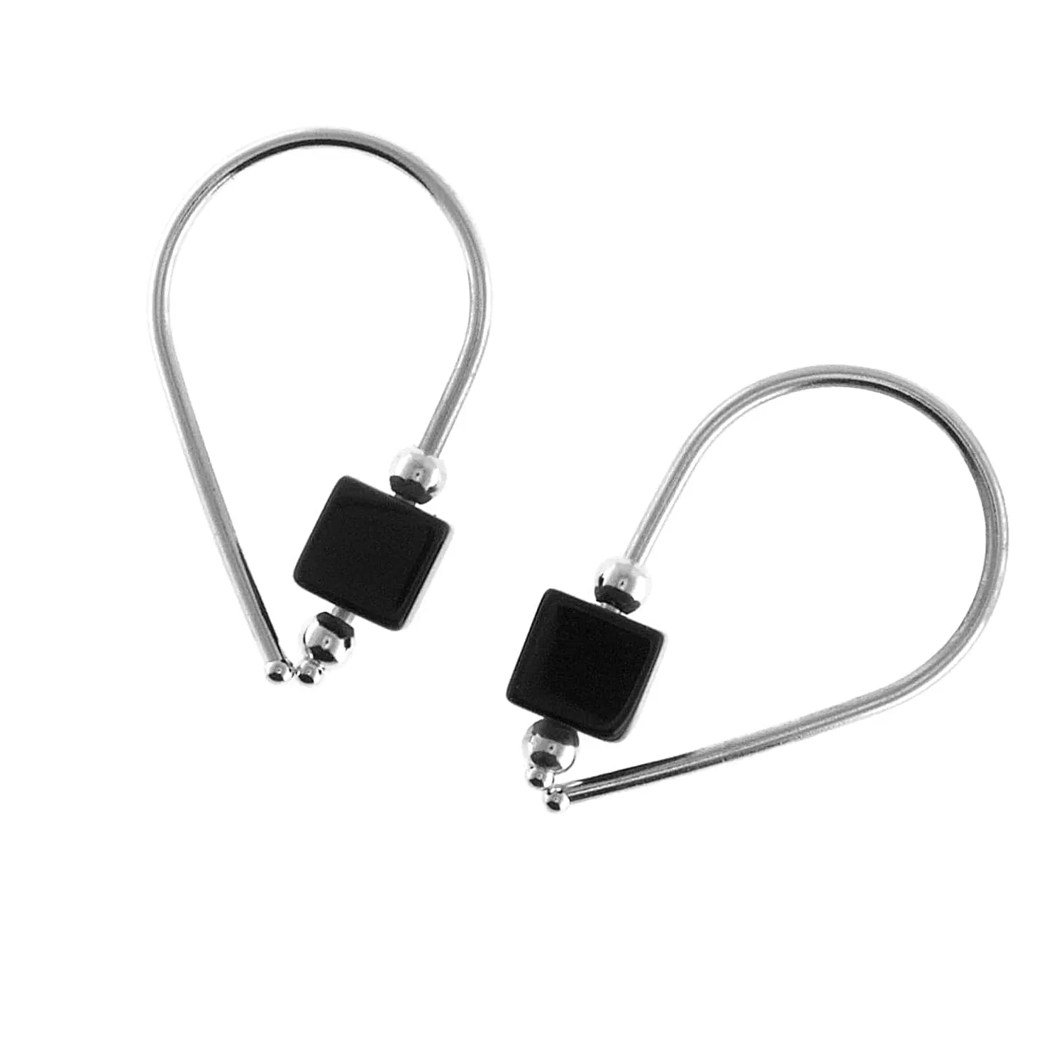 Sterling Silver Small Huggie Drops Black Onyx Cube Stone Horseshoe Arc Hook Earrings (Sterling Silver/Black Onyx Cube)
