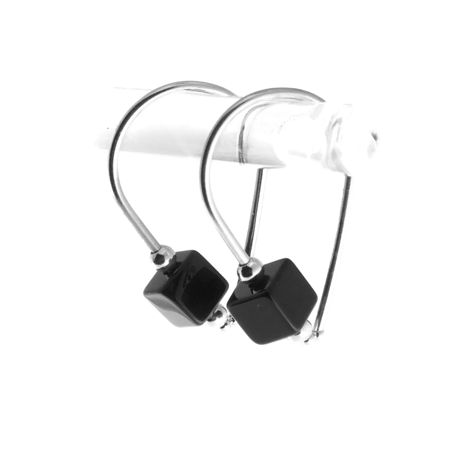 Sterling Silver Small Huggie Drops Black Onyx Cube Stone Horseshoe Arc Hook Earrings (Sterling Silver/Black Onyx Cube)