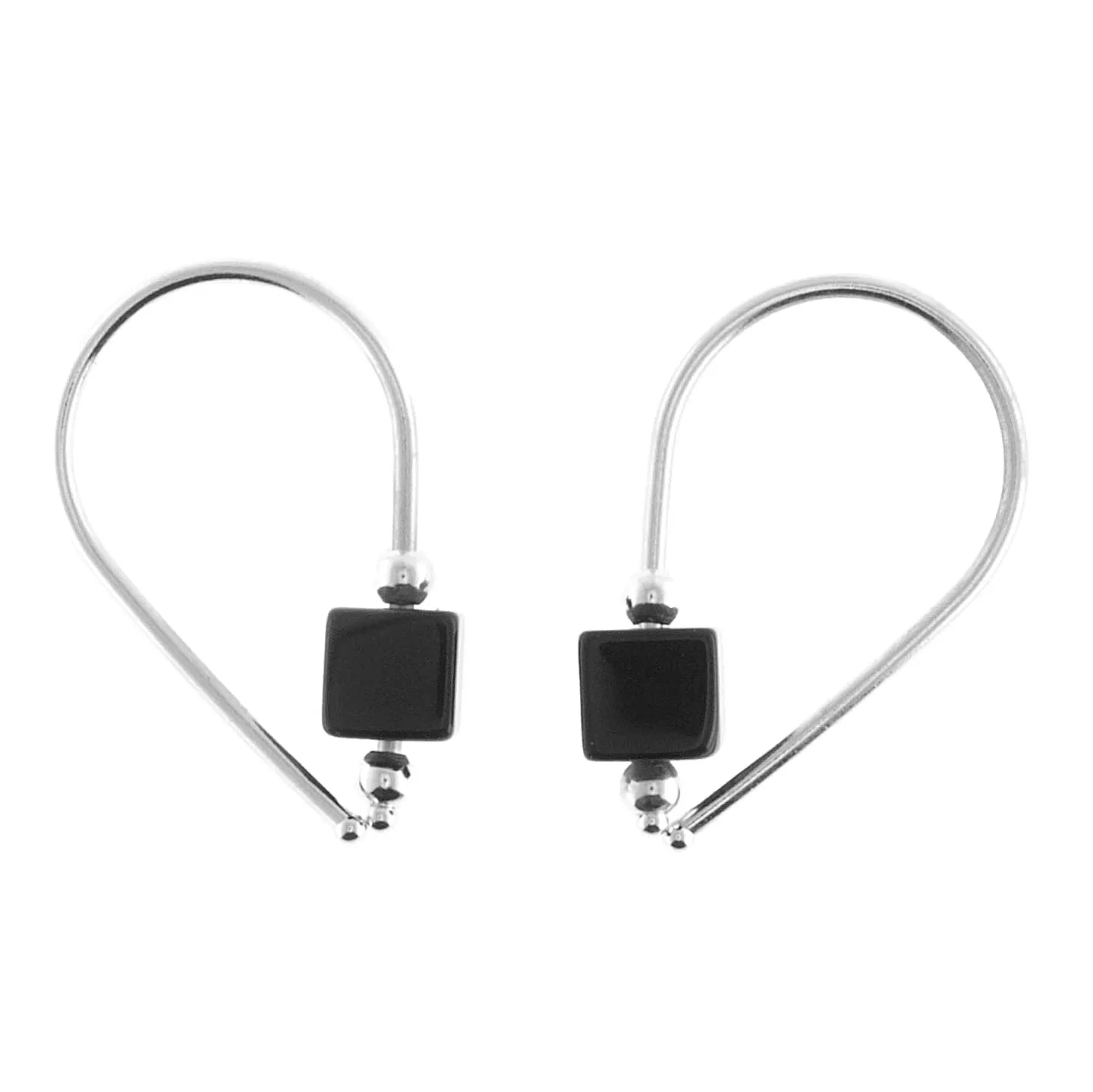 Sterling Silver Small Huggie Drops Black Onyx Cube Stone Horseshoe Arc Hook Earrings (Sterling Silver/Black Onyx Cube)