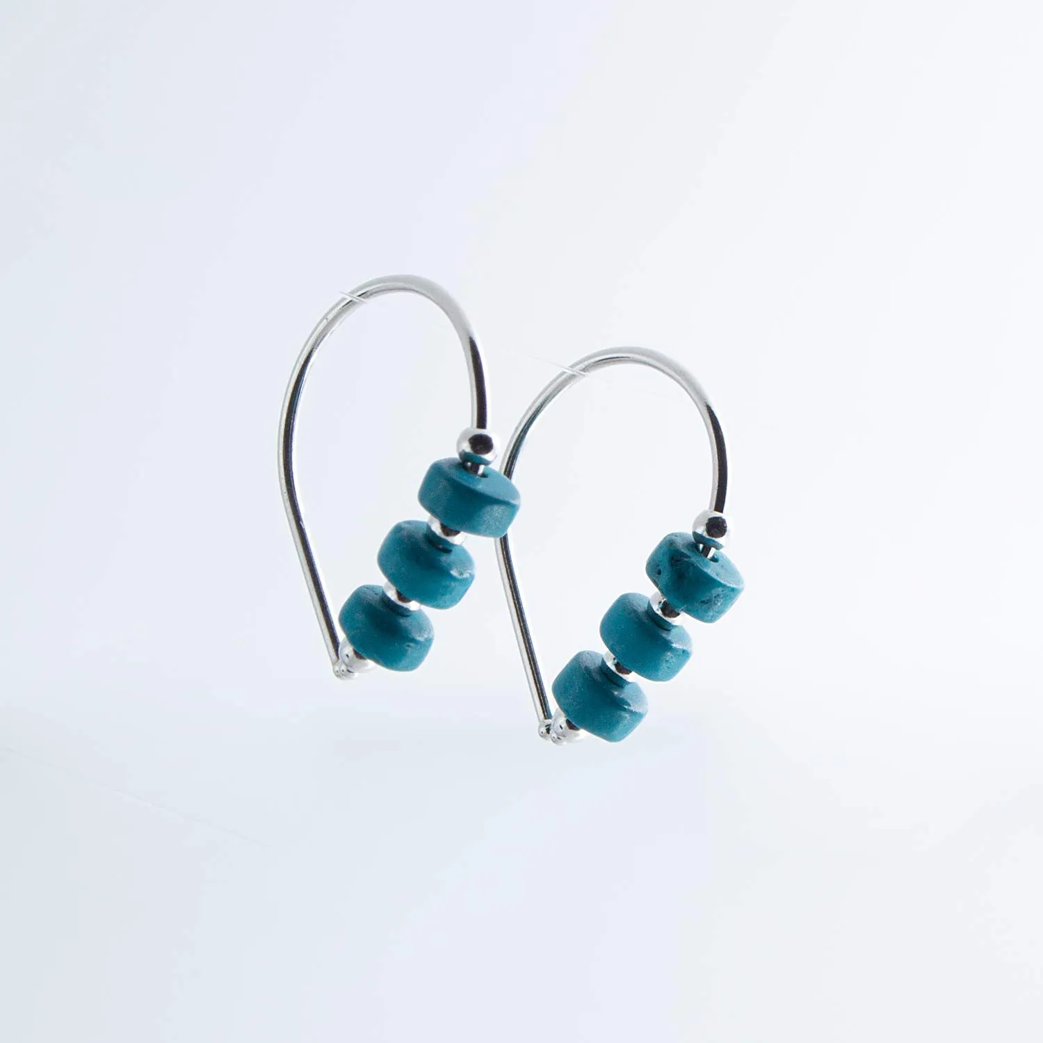 Sterling Silver Wire Huggie Hoop Drops and 4 Small Ball with 3 Turquoise Beads Horseshoe Arc Hook Earrings (Sterling Silver/Turquoise Stone 3 Beads)
