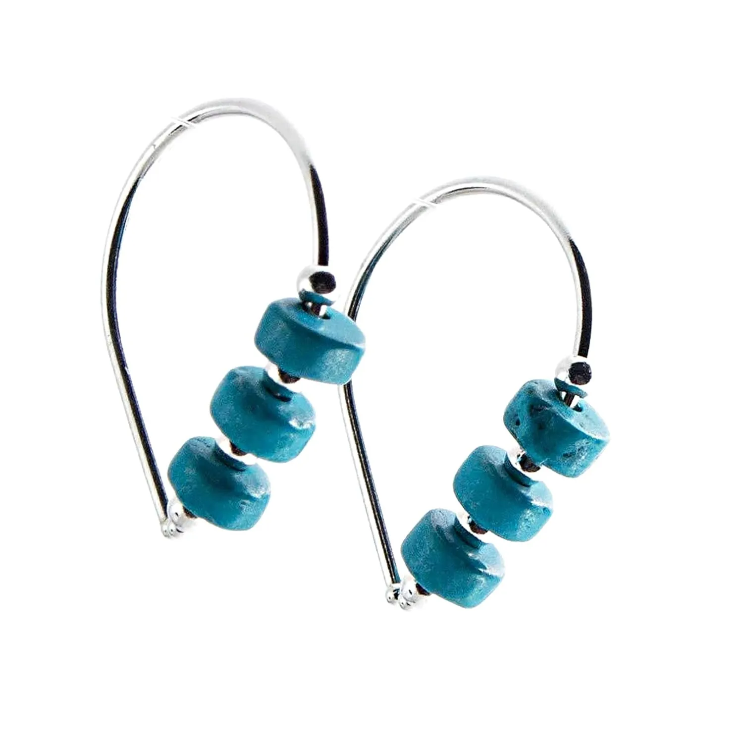 Sterling Silver Wire Huggie Hoop Drops and 4 Small Ball with 3 Turquoise Beads Horseshoe Arc Hook Earrings (Sterling Silver/Turquoise Stone 3 Beads)