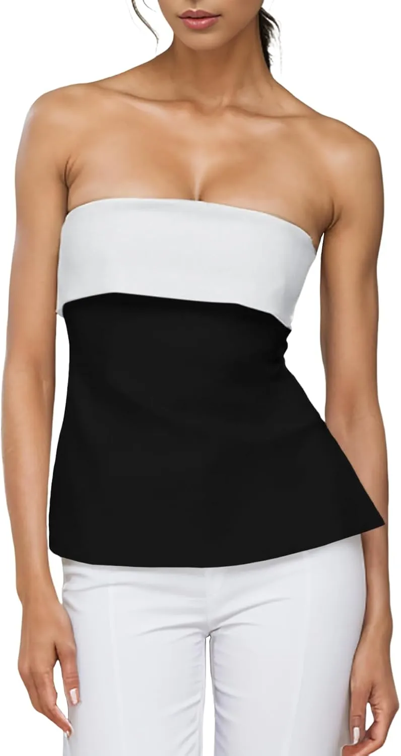 Strapless Tube Tops for Women Backless Going Out Bandeau Top Sexy Trendy Off Shoulder Side Split Summer Bustier Tops