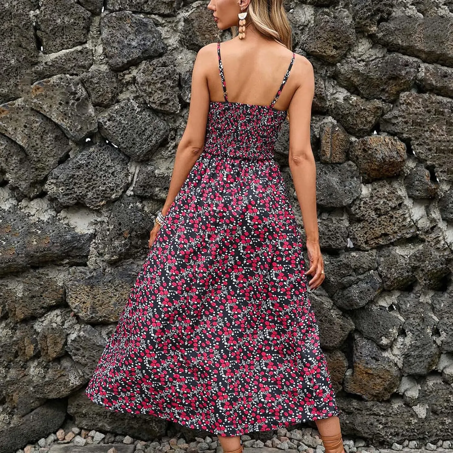 Summer Dresses for Women 2024 Floral Bohemian Spaghetti Strap Sleeveless V Neck Flowy Maxi Sun dresses Travel Clothes