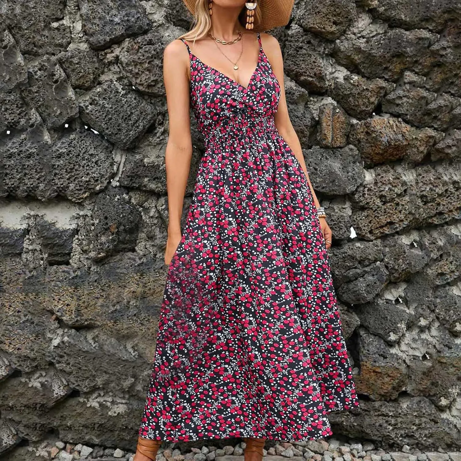 Summer Dresses for Women 2024 Floral Bohemian Spaghetti Strap Sleeveless V Neck Flowy Maxi Sun dresses Travel Clothes