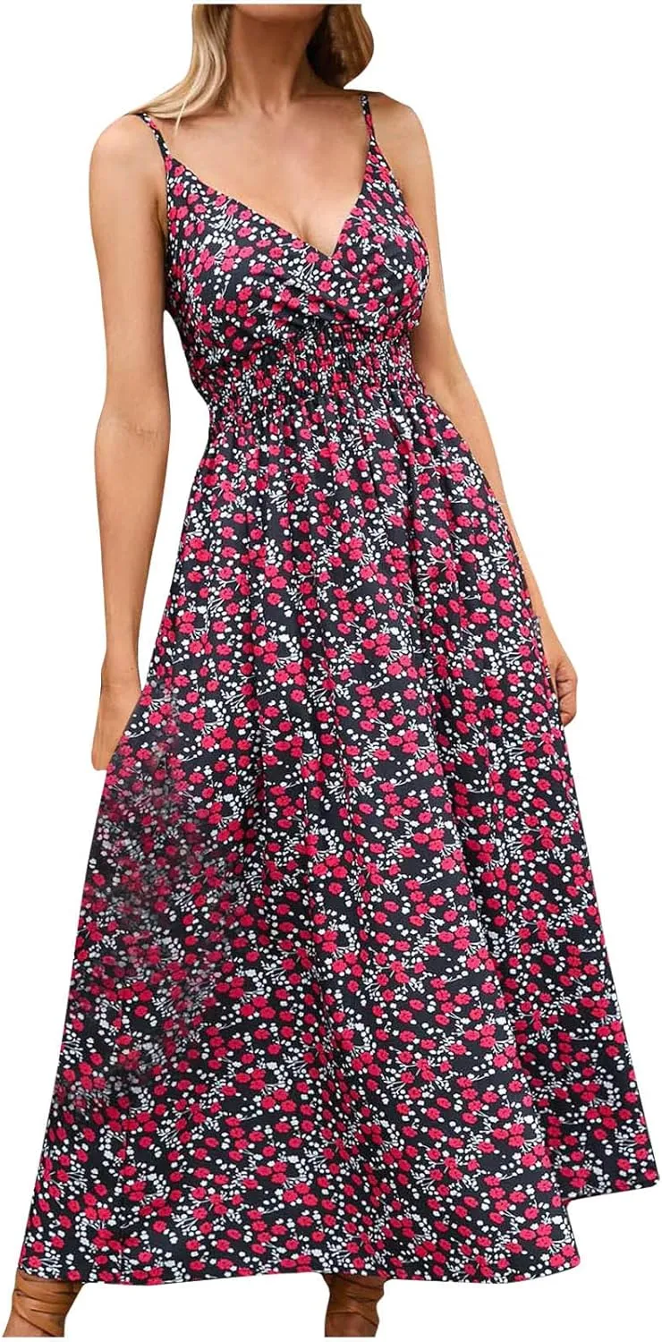Summer Dresses for Women 2024 Floral Bohemian Spaghetti Strap Sleeveless V Neck Flowy Maxi Sun dresses Travel Clothes