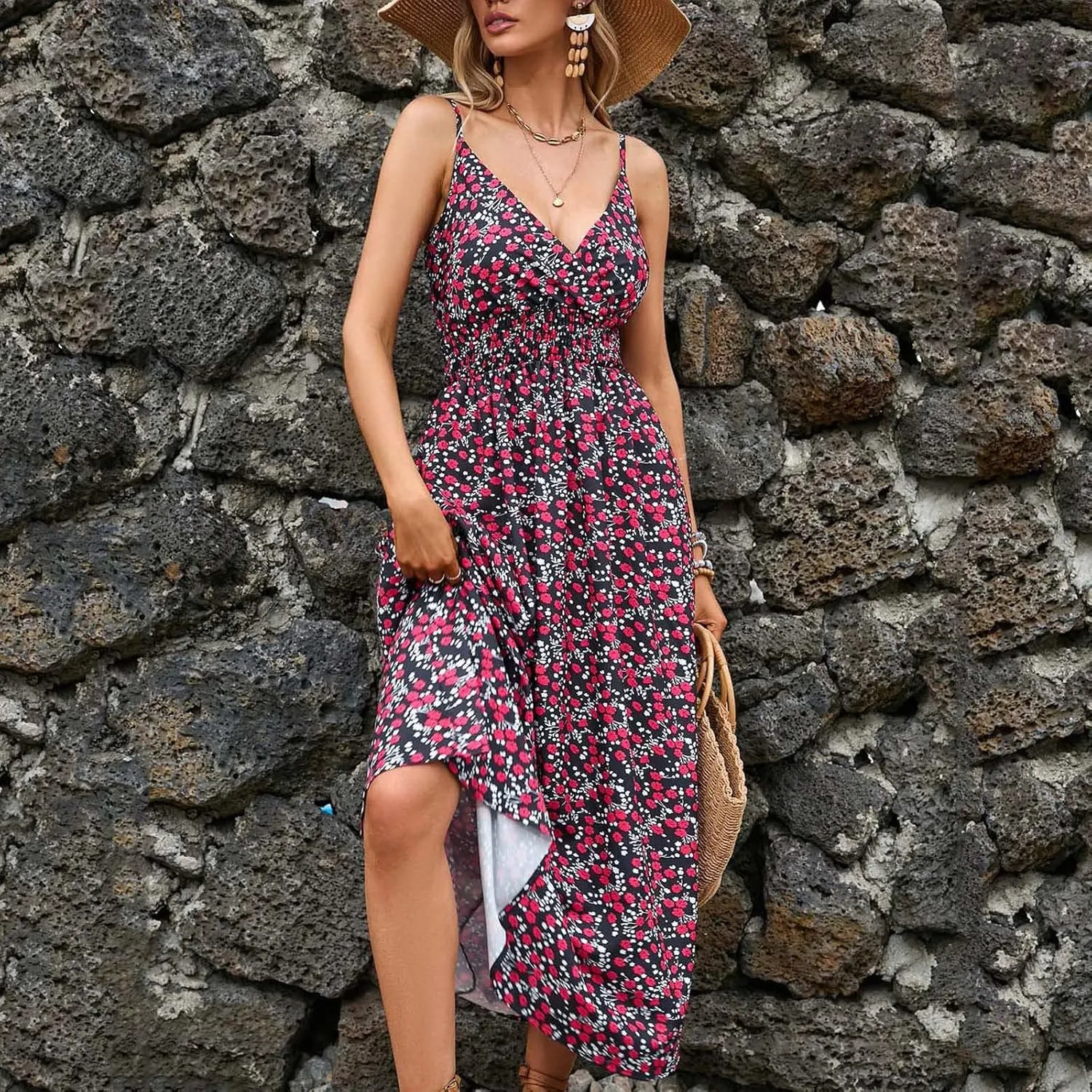 Summer Dresses for Women 2024 Floral Bohemian Spaghetti Strap Sleeveless V Neck Flowy Maxi Sun dresses Travel Clothes