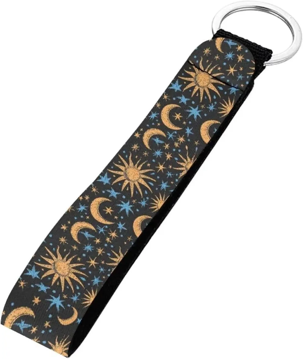Sun Moon Print Long Lanyard Keychain for Women Girls, Hand Wrist Key Chain Car Key Holder with Key Ring, Hand Wristlet Keychain Strap for Wallets, ID Badge