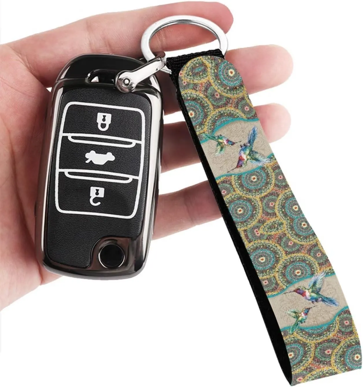 Suobstales Boho Hummingbird Mandala Print Lanyard Keychain, Antislip Wear Resistant Long Wristlet Key Chain Key Assistant, Hang on Backpack, Travel Bag, Handbag