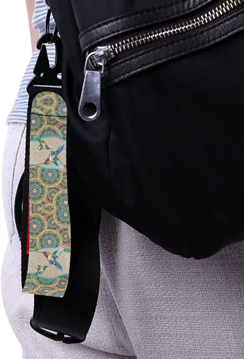 Suobstales Boho Hummingbird Mandala Print Lanyard Keychain, Antislip Wear Resistant Long Wristlet Key Chain Key Assistant, Hang on Backpack, Travel Bag, Handbag