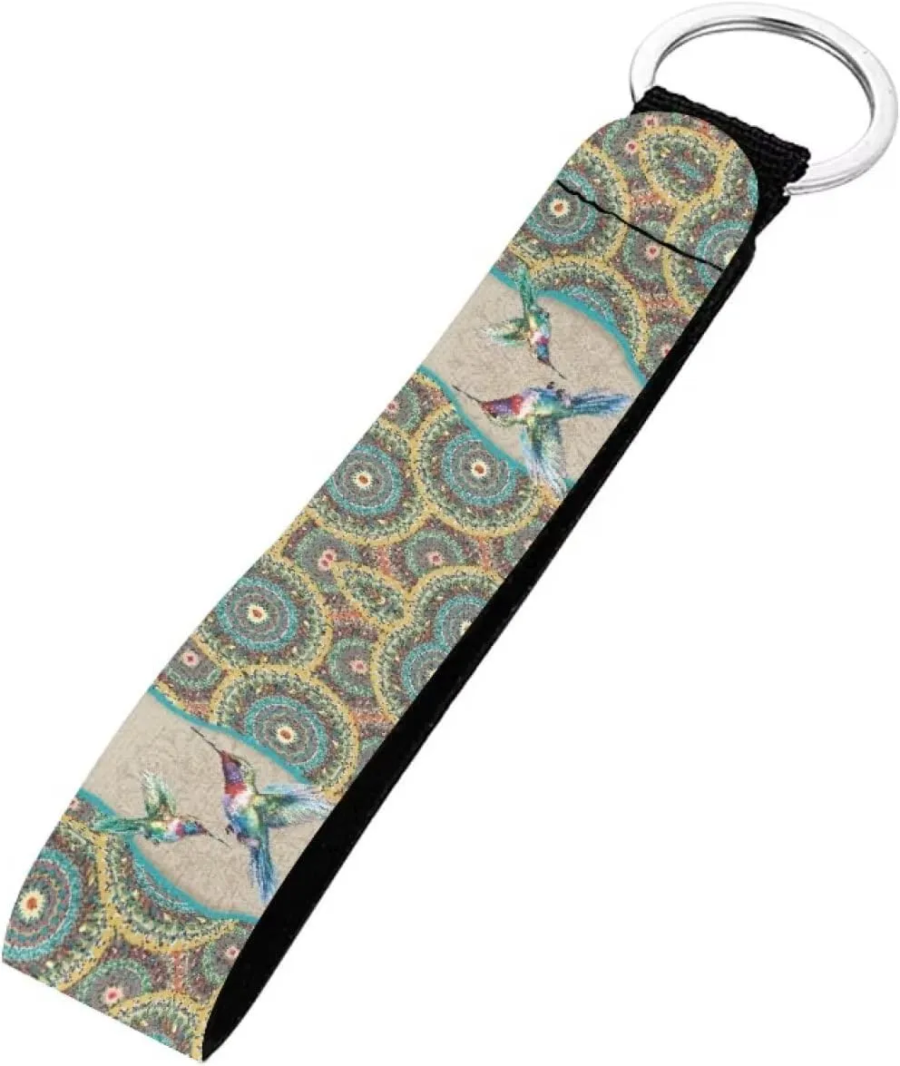 Suobstales Boho Hummingbird Mandala Print Lanyard Keychain, Antislip Wear Resistant Long Wristlet Key Chain Key Assistant, Hang on Backpack, Travel Bag, Handbag