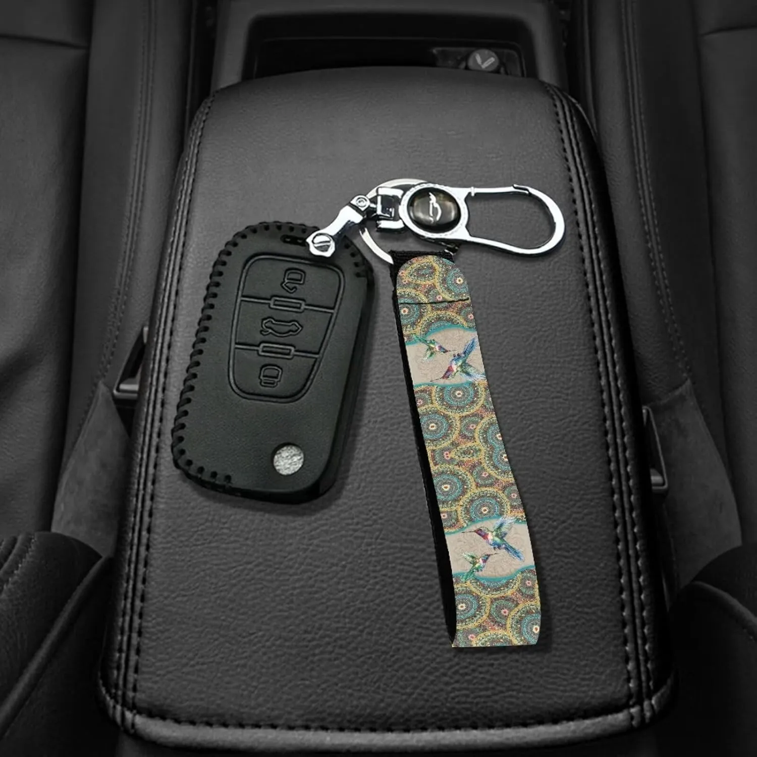 Suobstales Boho Hummingbird Mandala Print Lanyard Keychain, Antislip Wear Resistant Long Wristlet Key Chain Key Assistant, Hang on Backpack, Travel Bag, Handbag