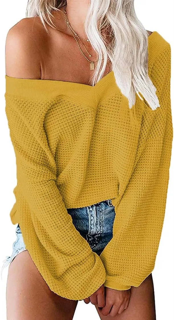 Tobrief Women's V Neck Long Sleeve Waffle Knit Tops Off Shoulder Oversized Pullover Sweater