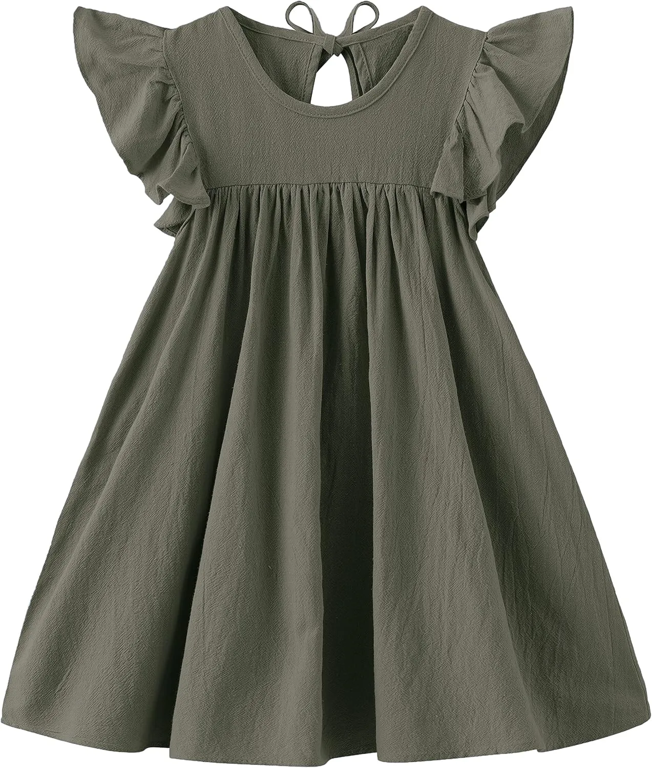 Toddler Girls Ruffle Sleeve Cotton Linen Dress Sleeveless Baby Girl Back Tie Dress Kid Casual Sundress